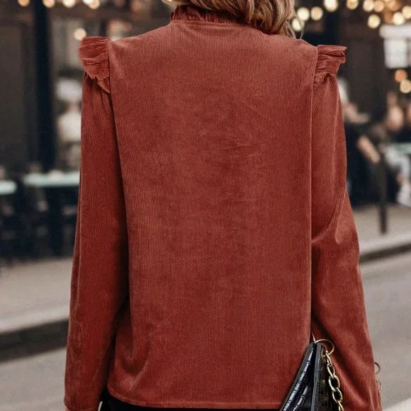 Red Preppy Womens Frill Neck Ruffle Trim Button Front Blouse - Picture 2 of 5